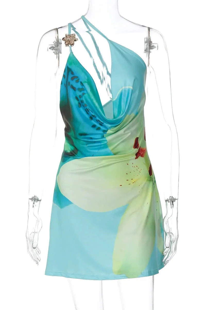 Elegant One-Shoulder Printed Sleeveless High Waist Mini Dress