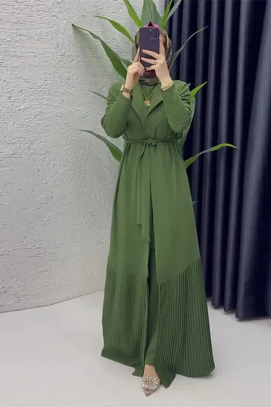 Elegant O-Neck Long Sleeve High Waist Pleated Maxi Dress