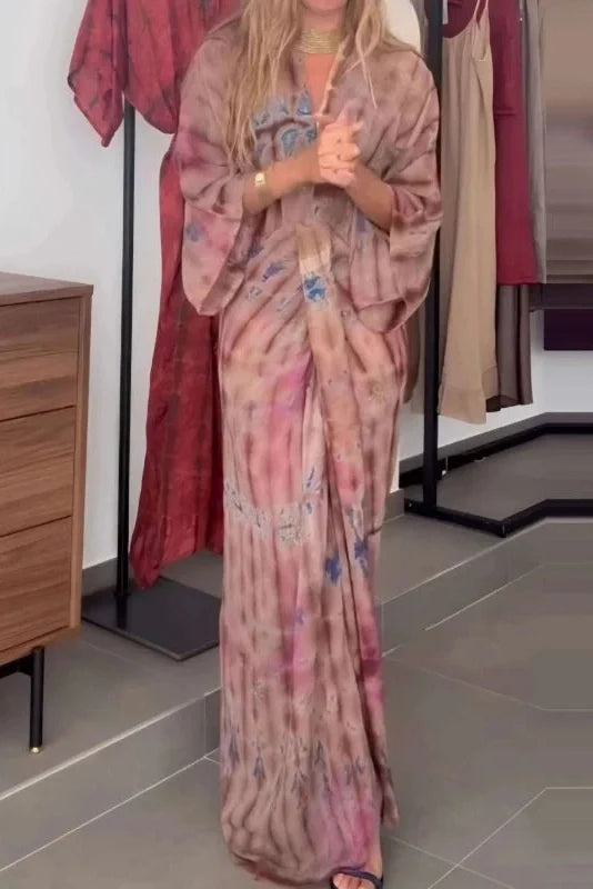 Sleeves Loose Printed Tie-Up V-Neck High Waist Pleated Maxi Dress