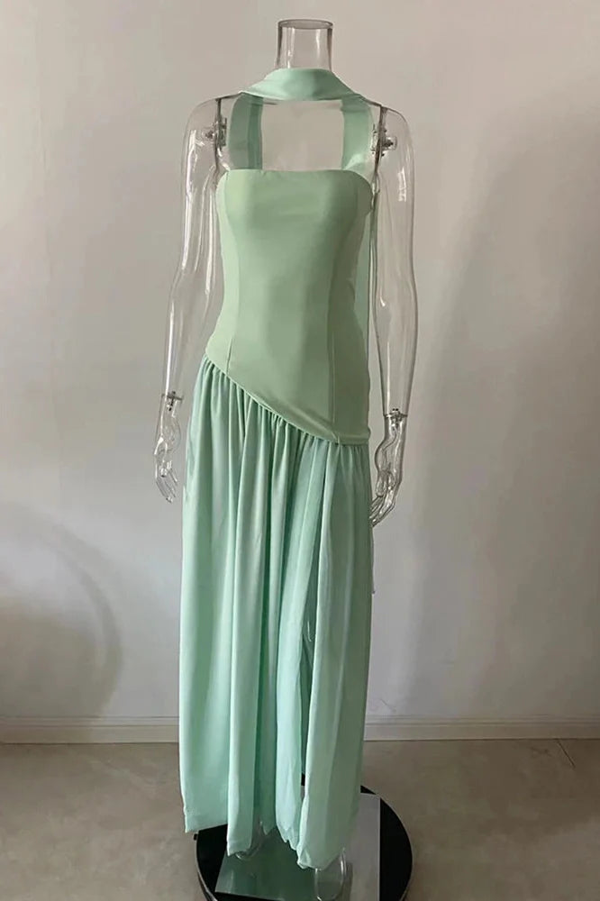 Elegant Slim Lace Up Strapless Irregular Maxi Dress