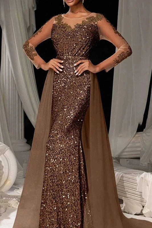 Elegant High Waist Long Sleeve Slim V-Neck Lace Maxi Dress