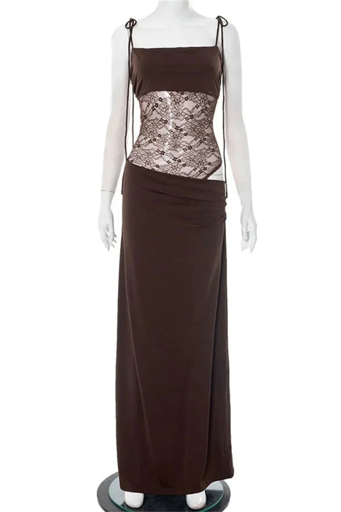 Lace Printed Backless Slim High Waist Patchwork Maxi Dress