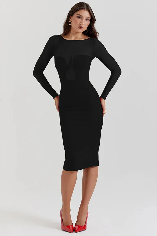 Elegant Long Sleeve Strapless Backless Split Bodycon Midi Dress