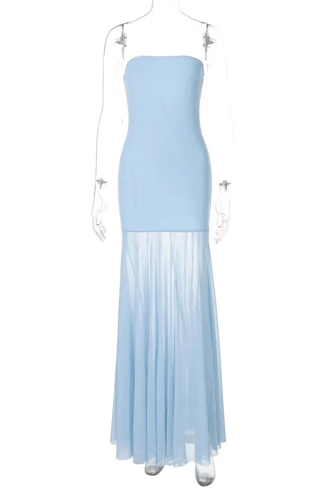 Off-Shoulder Slim See-Through Patchwork Maxi Dress