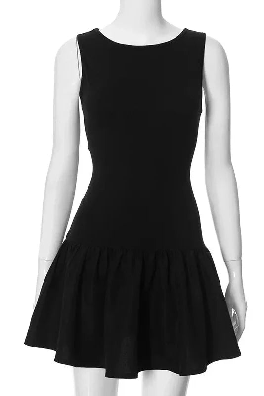 Sleeveless Pleated High Waist Round Neck Slim Mini Dress