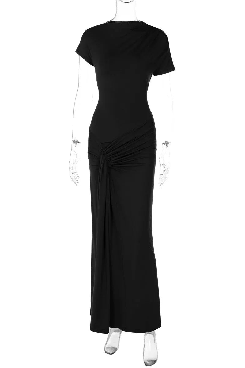 Elegant Slim Pleated Lace Up Short Sleeve Maxi Dress