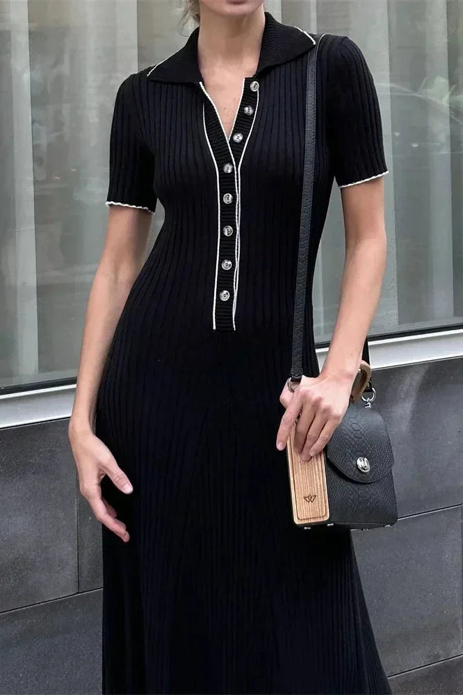 Short Sleeve Patchwork High Waist Midi Dress
