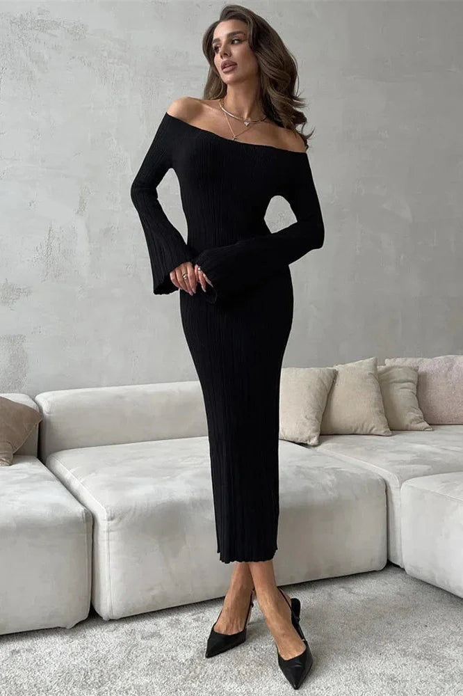 Off-Shoulder High Waist Slim Long Sleeve Maxi Dress