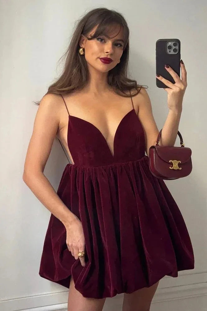 Elegant Velvet Deep V Neck High Waist Spaghetti Strap Mini Dress