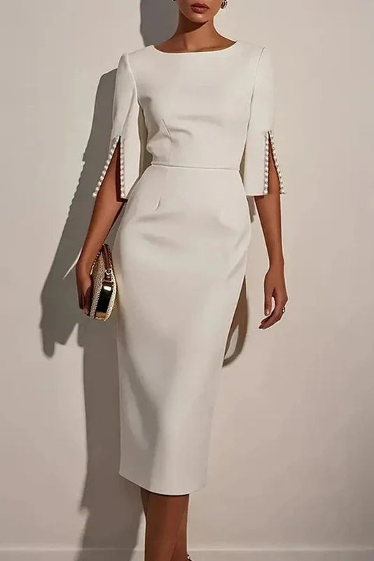 Elegant O Neck Split Half Sleeve Slim Midi Dress