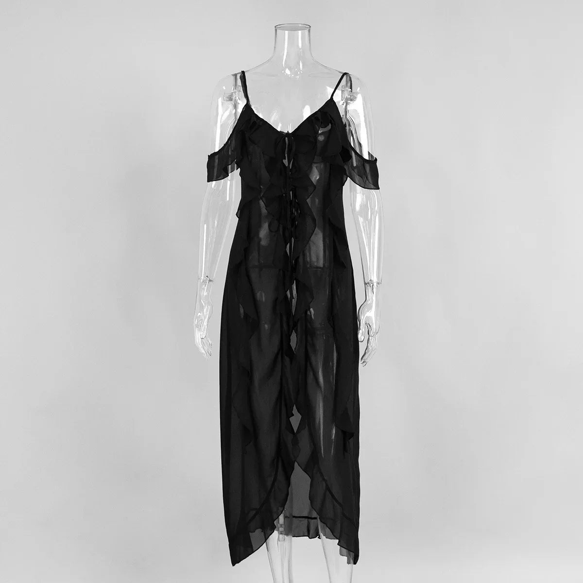 V Neck See-Through Sleeveless Irregular Midi Dress