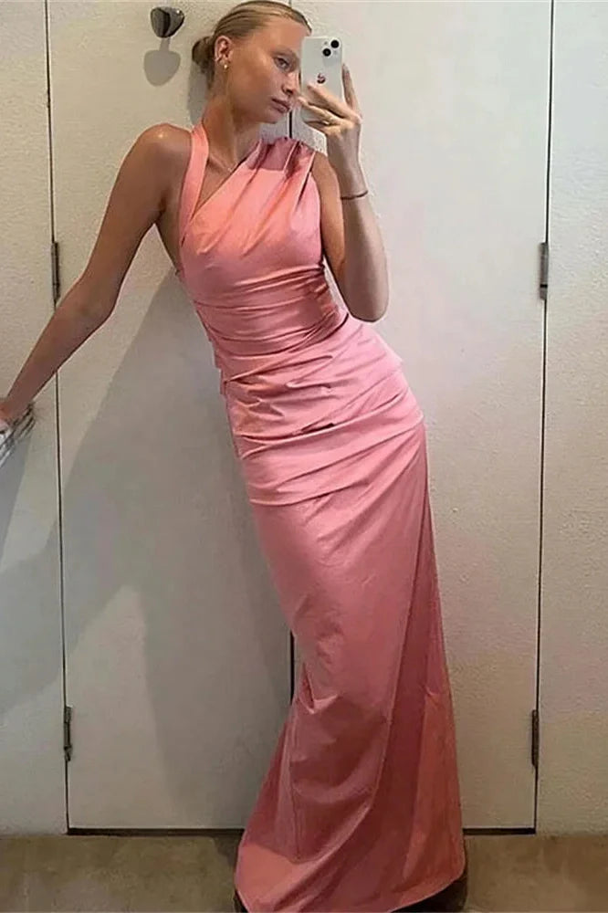 Pleated High Waist Slim Backless Maxi Dress