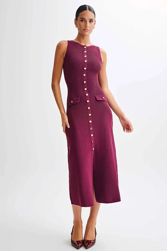 Elegant Sleeveless Single-Breasted Bodycon Knitted Midi Dress