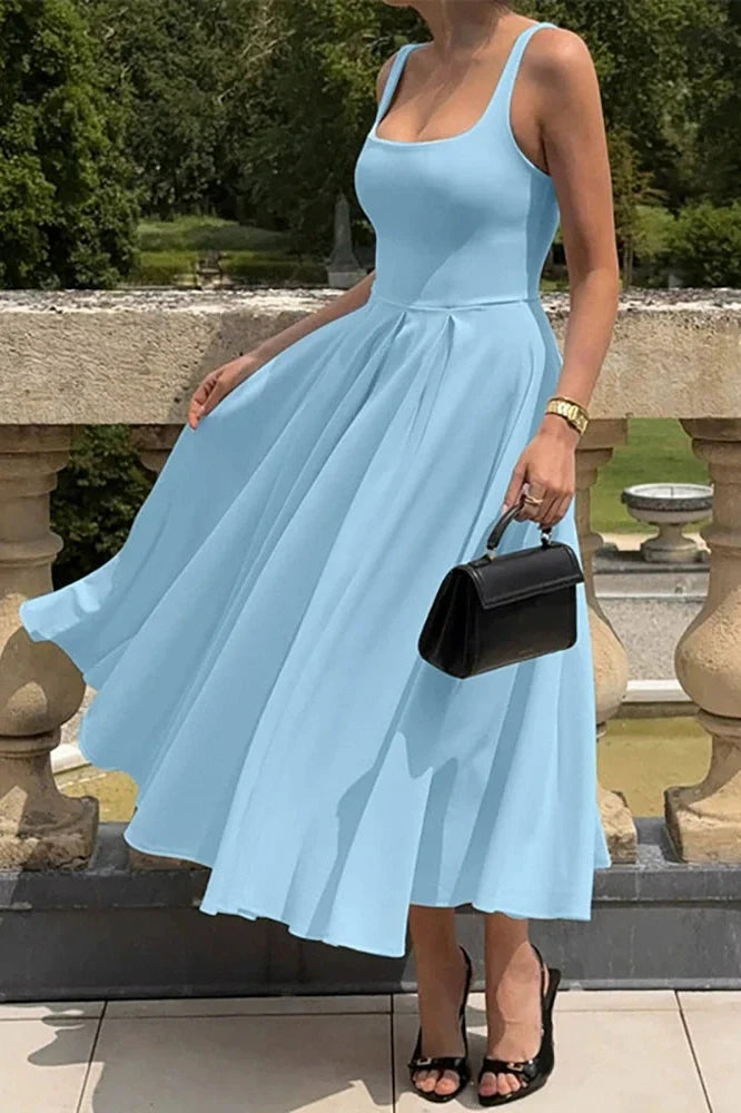 Spaghetti Strap Backless High Waist A-line Pleated Maxi Dress