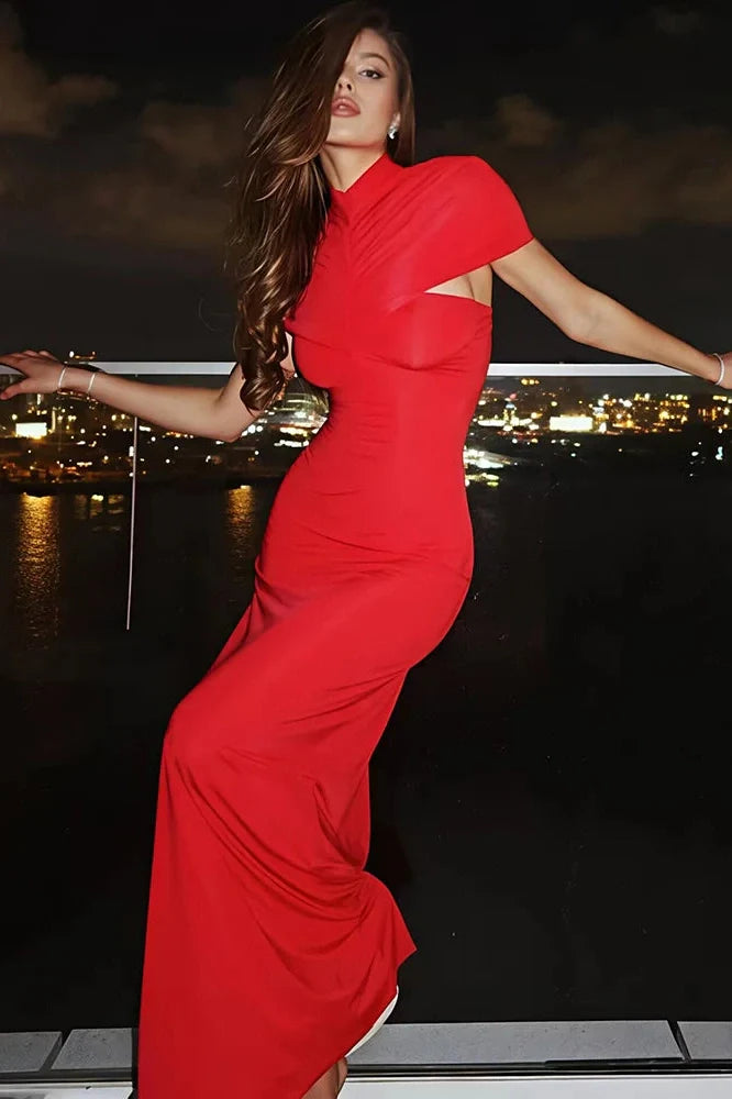 Elegant Turtleneck Short Sleeve Maxi Dress