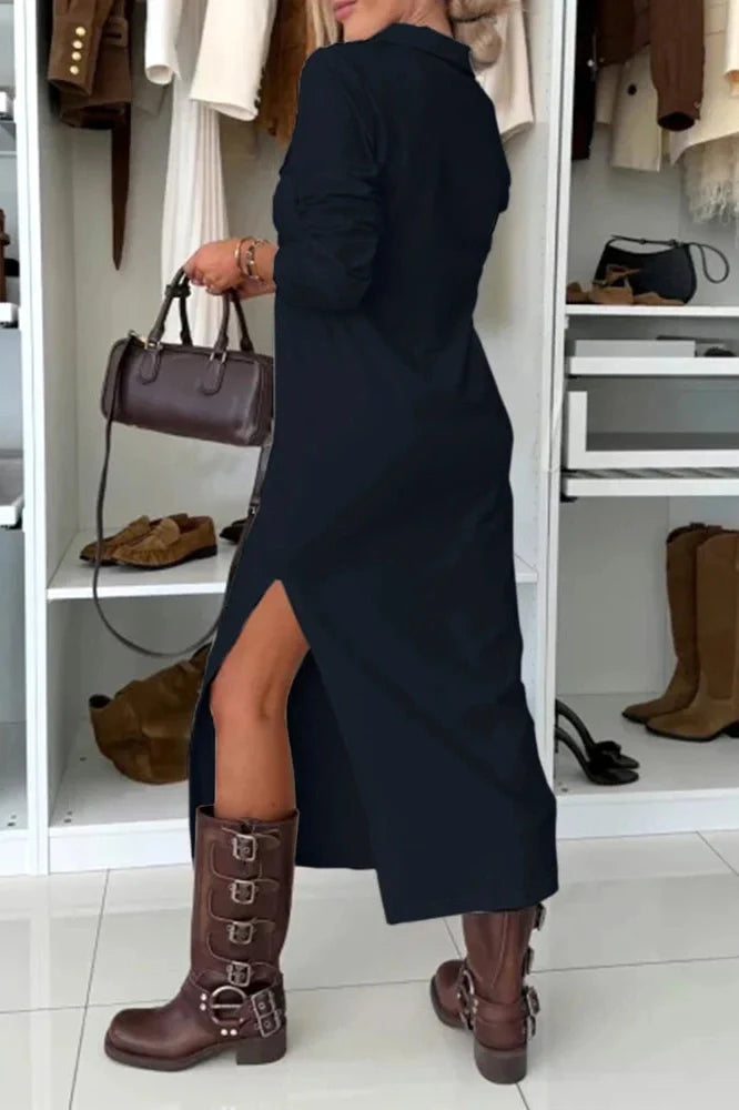 Elegant High Waist Loose A-Line Long Sleeve Midi Dress