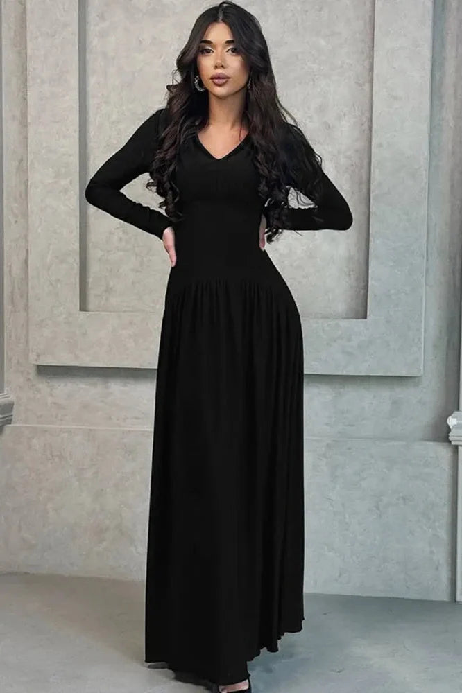 Long Sleeve V Neck High Waist Slim Pleated Maxi Dress
