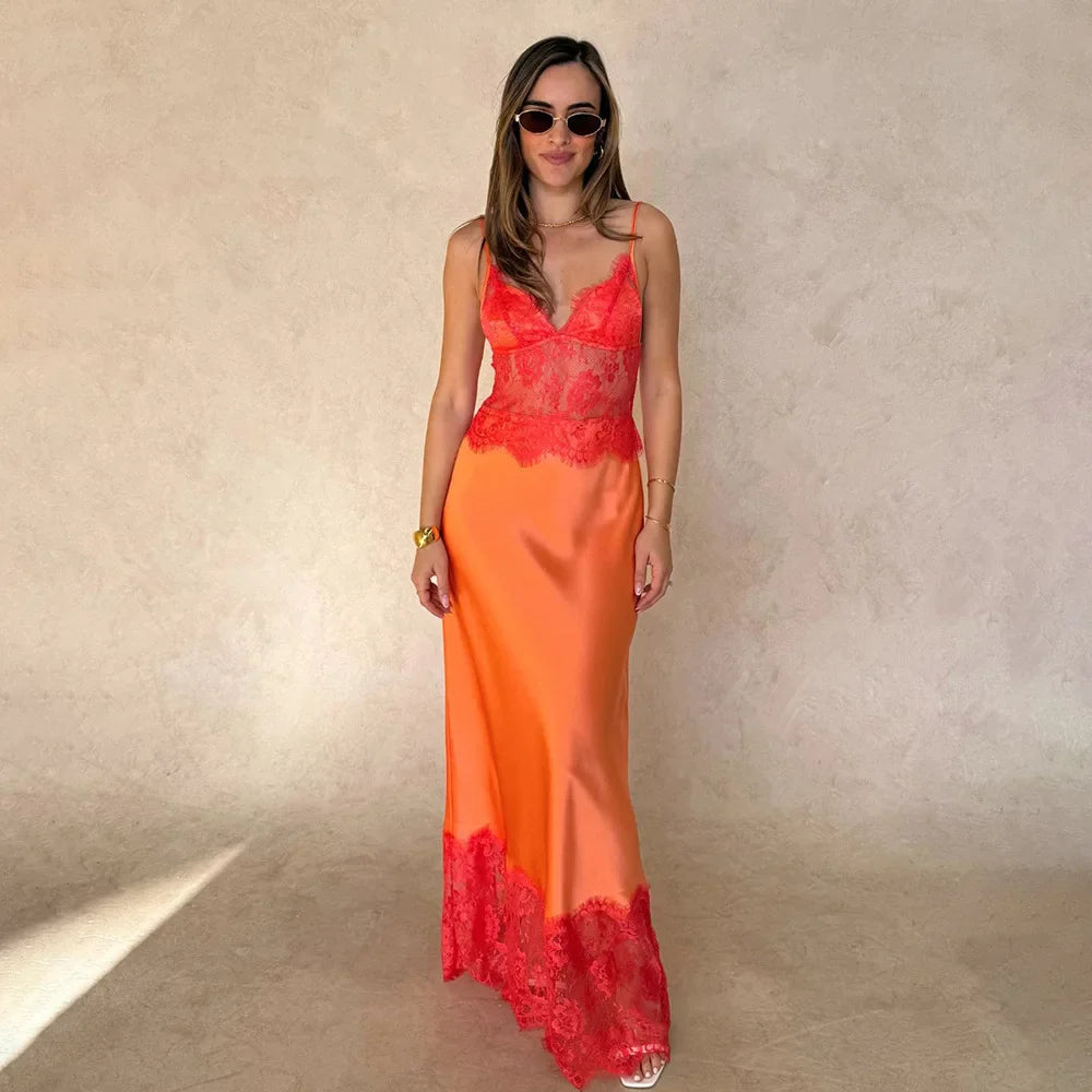 Lace Spaghetti Strap V Neck  Backless Maxi Dress