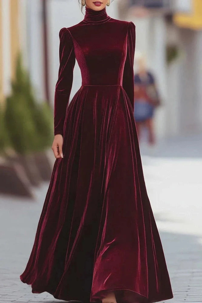 Elegant High Collar Long Sleeve Slim Pleated Maxi Dress