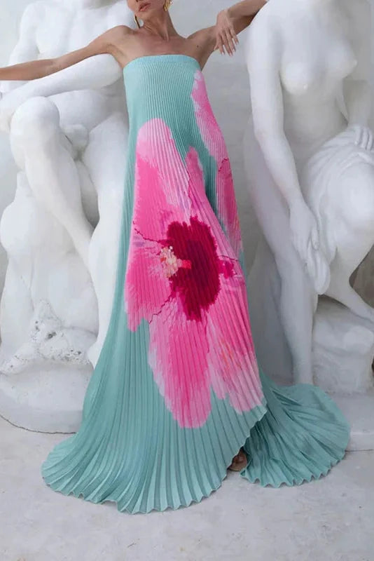 Elegant Strapless Off Shoulder Printed Maxi Dress