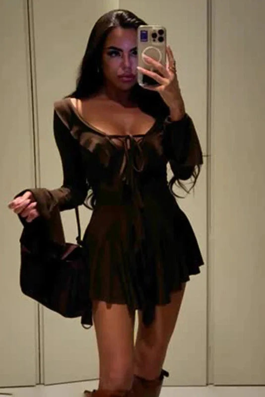 Deep V Neck Long Sleeve Slim Mini Dress
