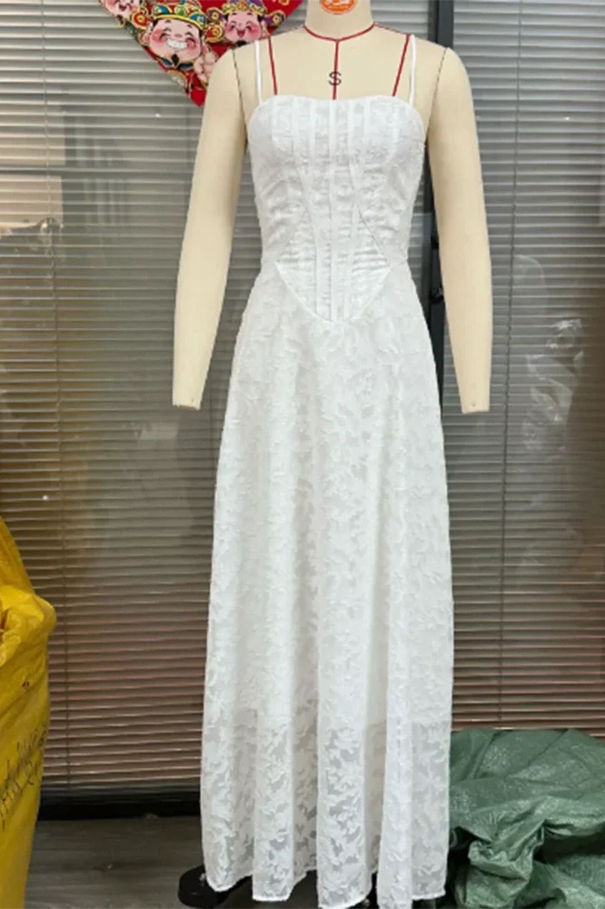 Elegant High Waist Pleated Sleeveless Lace Embroidery Maxi Dress