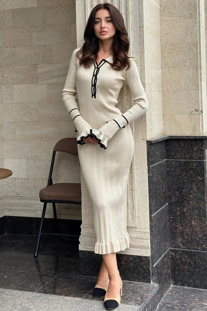 Patchwork Knit Long Sleeve Slim Midi Dress