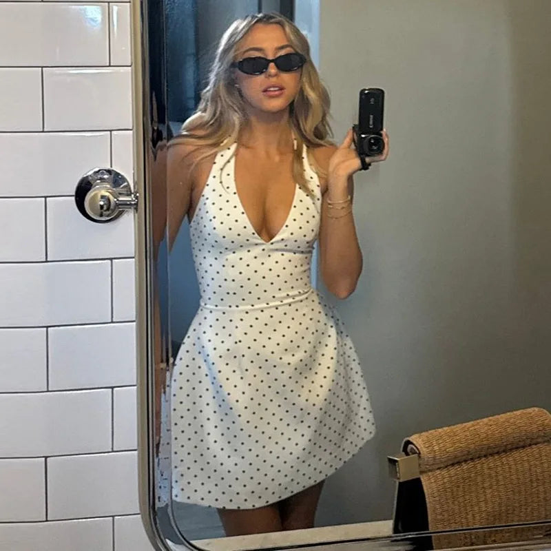 Printed V Neck Backless High Waist Mini Dress