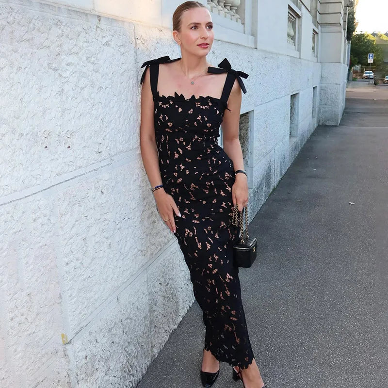 Patchwork Lace-Up Backless Maxi Dress