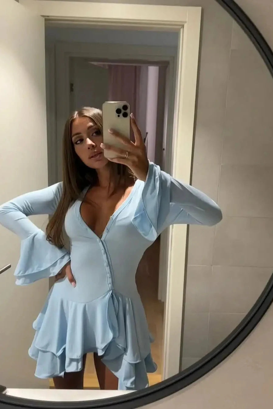 Long Sleeve Slim Single-Breasted V-Neck High Waist Mini Dress