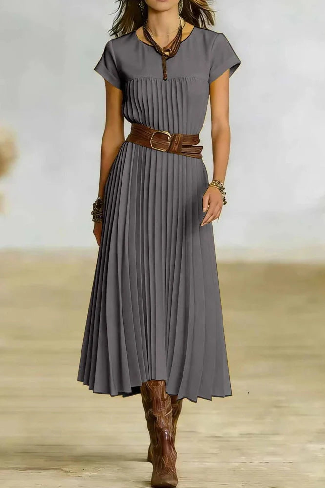 O-Neck Short Sleeve Pleated Loose High Waist Midi Dress