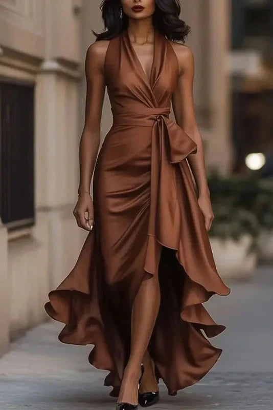 Lace Up Off Shoulder V-Neck Slim Pleated Irregular Maxi Dress