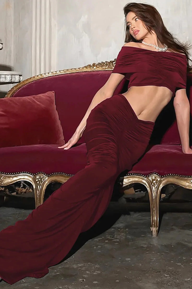 Two Pieces Off-Shoulder Slim Fit Crop Top Maxi Dress
