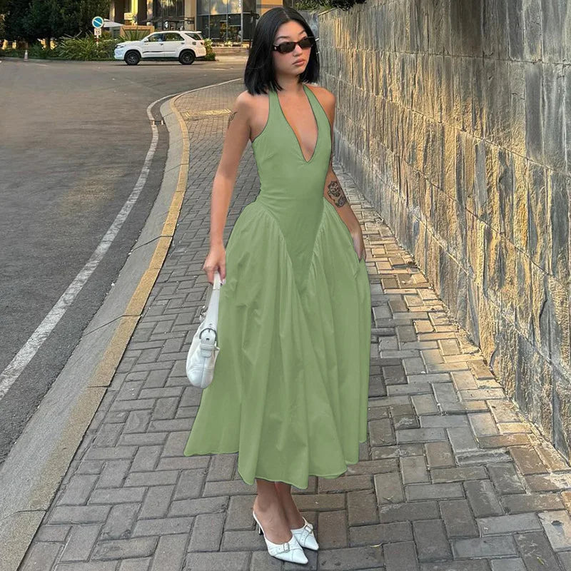 Deep V Neck A-Line Pleated Midi Dress