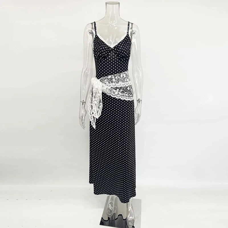 Polka Dot Deep V Neck Lace Slim Maxi Dress