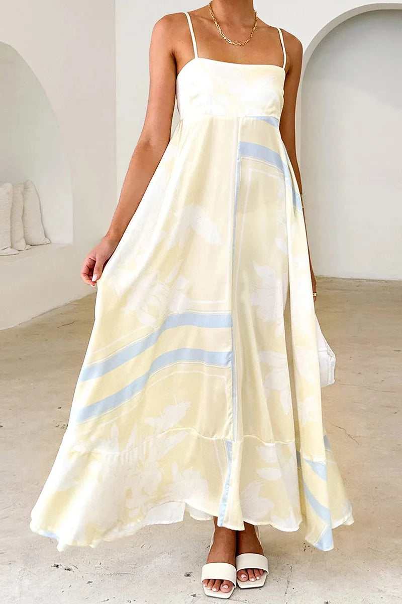 Printed Spaghetti Strap Backless A-Line Maxi Dress