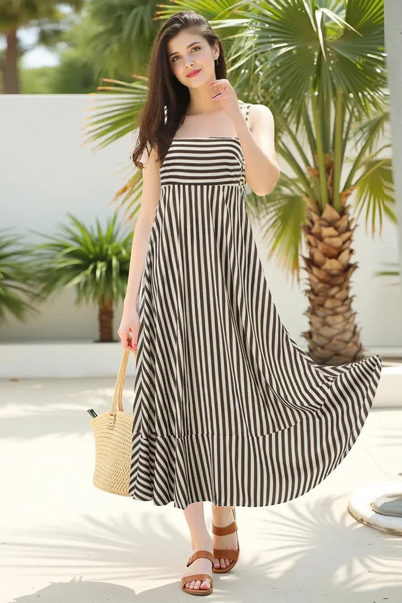 Printed Spaghetti Strap Backless A-Line Maxi Dress