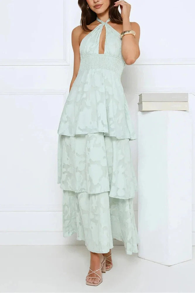 Elegant Hollow Out Backless Tie Up High Waist Maxi Dress