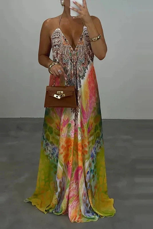 Printed High Waist V-Neck Backless Sleeveless Loose Maxi Dress