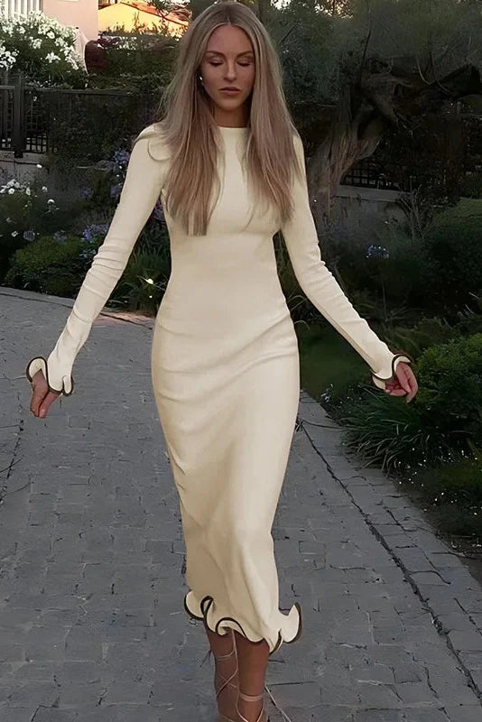 Elegant Slim Fit Patchwork Long Sleeve Backless Midi Dress