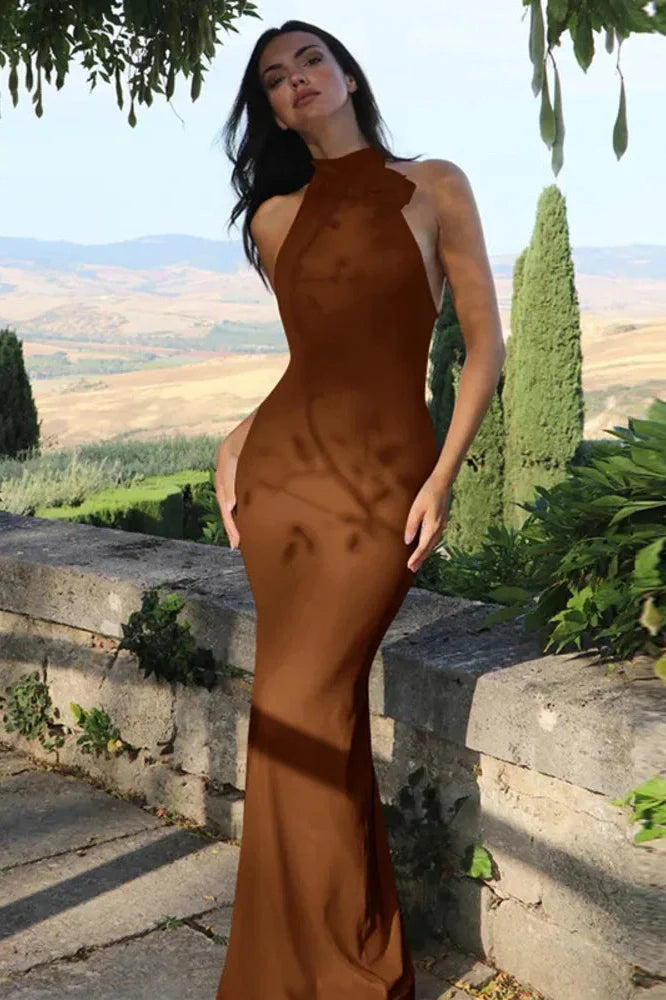 Flower Sleeveless Halter Backless Bodycon Maxi Dress