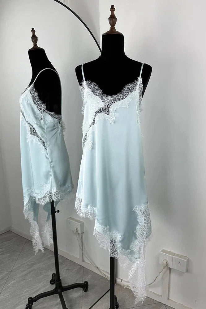 Lace Backless Slit Spaghetti Strap Slim High Waist Irregular Mini Dress