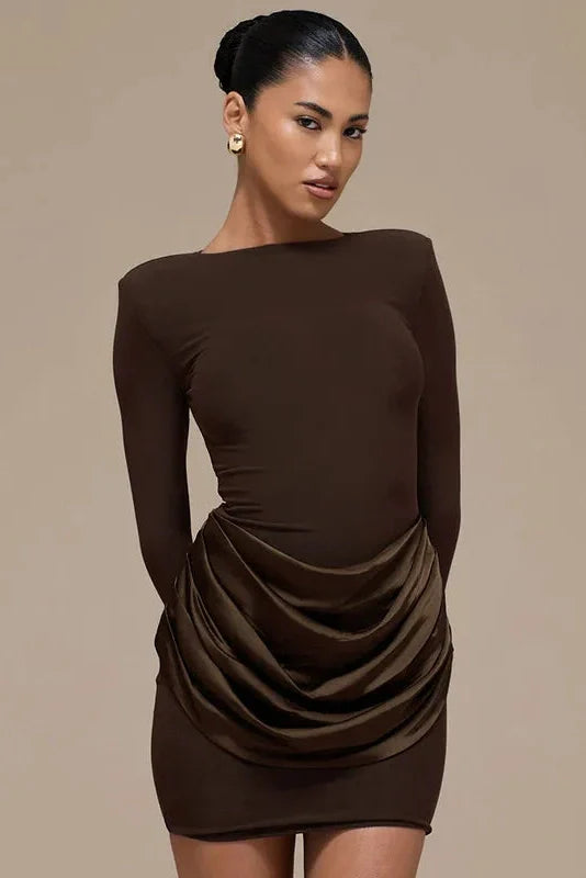 Elegant Pleated Slim Round Neck Long Sleeve Mini Dress