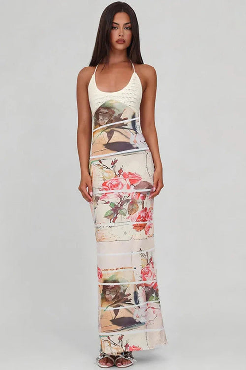 Backless Printed Patchwork Lace-up Sleeveless Bodycon Maxi Dress