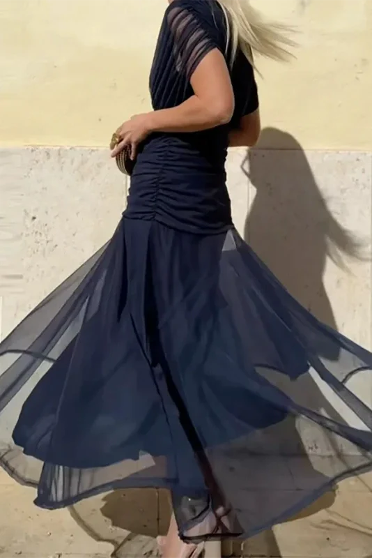 Printed Shawl Sleeve High Waist Pleated V-Neck Off Shoulder Maxi Dress