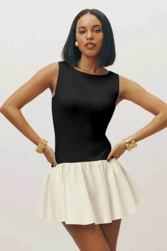 Sleeveless Pleated High Waist Round Neck Slim Mini Dress