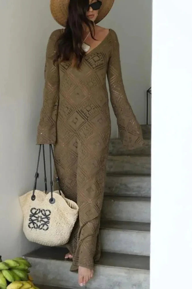 See-Through Loose Flared Sleeve Backless V-Neck Maxi Dress