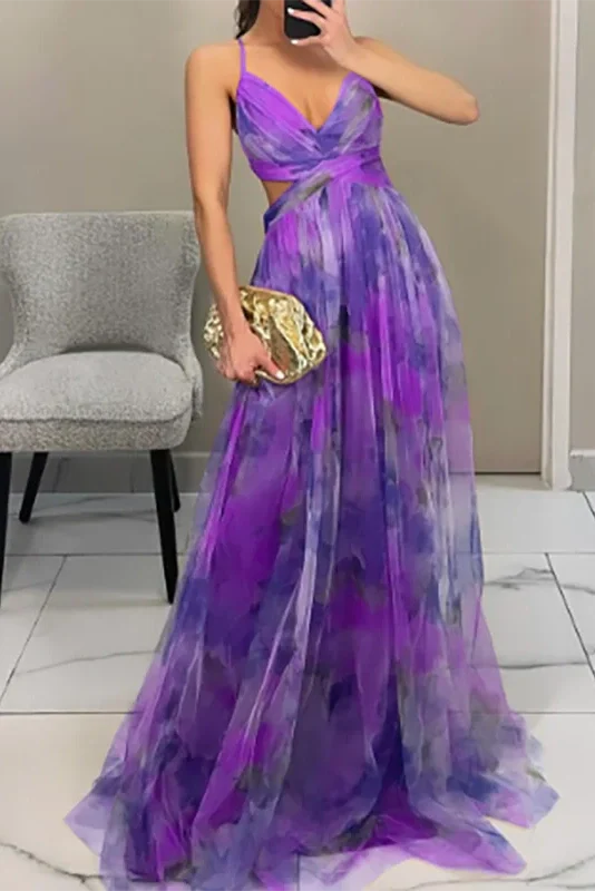 Elegant Print Pleated V Neck High Waist Backless Maxi Dress