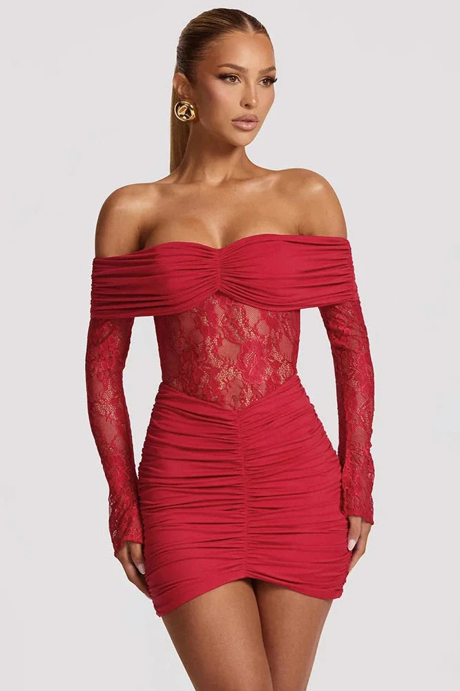 Off-Shoulder Strapless Lace See Through Long Sleeve Mini Dress