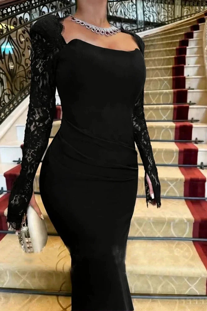 Long Sleeve Pleated Bodycon Square Collar Lace Slim Maxi Dress